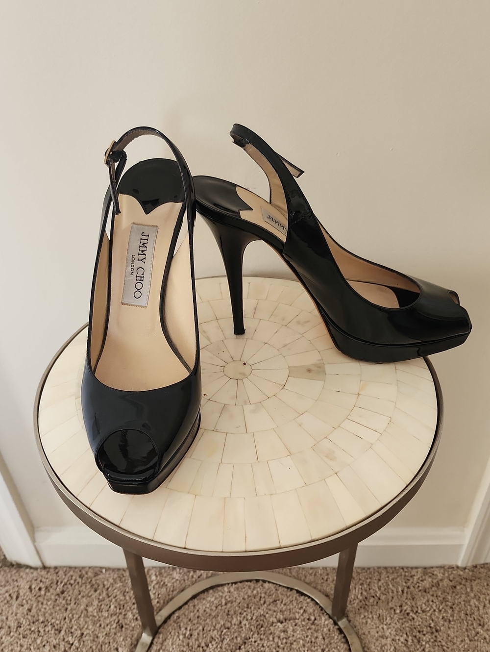 Jimmy Choo Black Patent Leather Peep-Toe Slingbacks